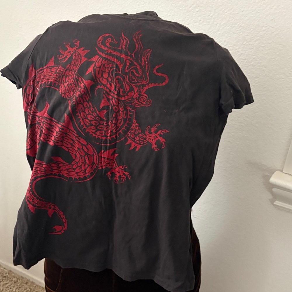 Lucky Brand Black Tee with Red Dragon Design